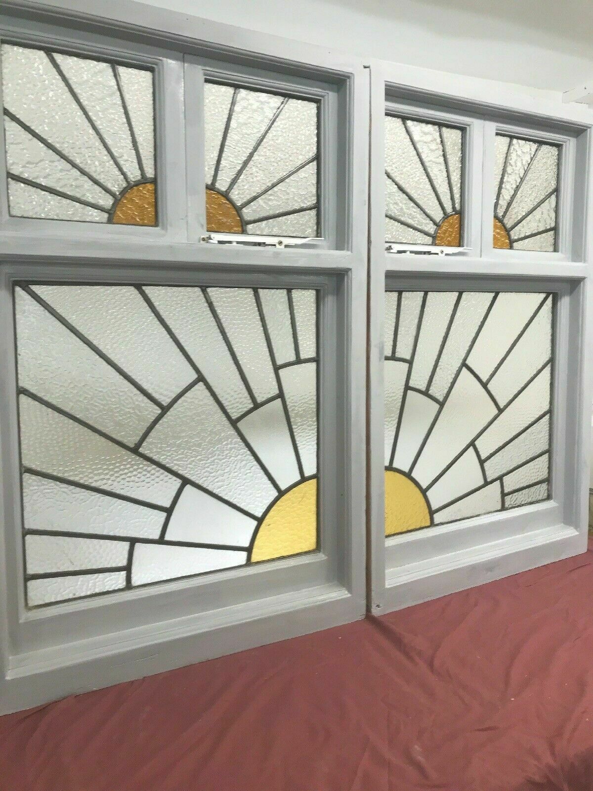 photo for sale Pair Large Art Deco Stained Glass Windows Antique Period Lead Old Reclaimed Wood