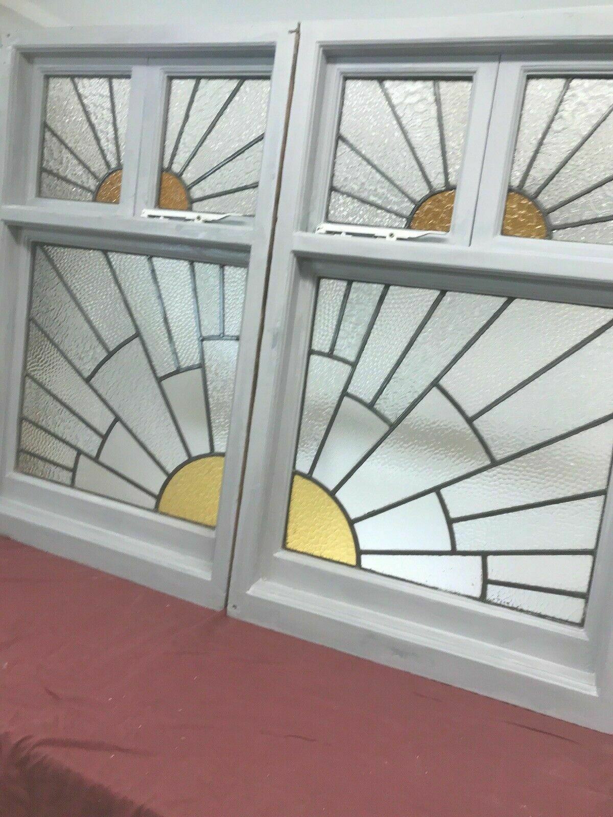 Home Fixtures Pair Large Art Deco Stained Glass Windows Antique Period Lead Old Reclaimed Wood photo