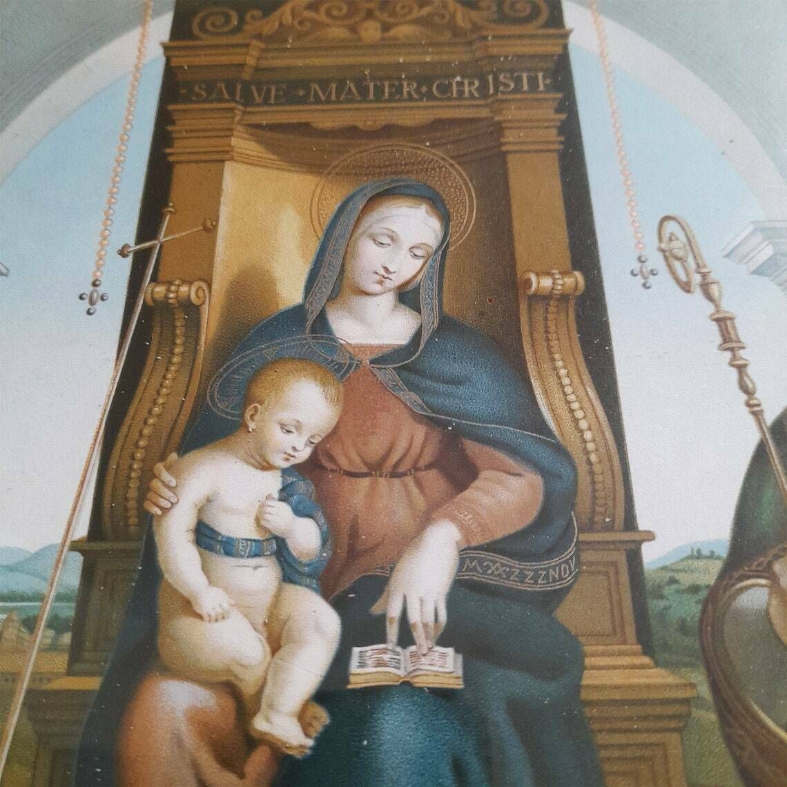 Antique Framed Religious Lithograph   Salve Mater Christi   The Ansidei Madonna Christ   Raphael 1505   Virgin Mary & Child   Wall Décor photo Art