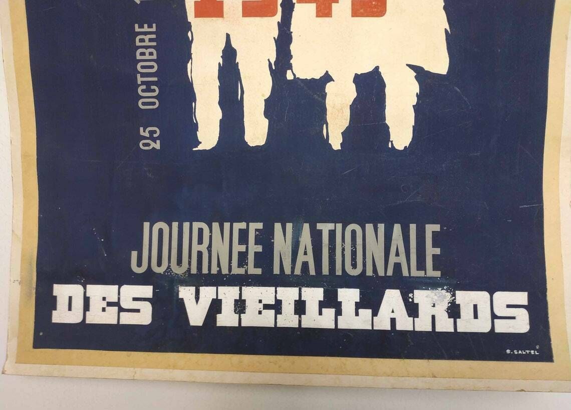 Vintage French 1950s Hand Painted Art Advertising Poster For National Elderly Persons Day France, Affiche Journee Nationale Des Vieillards photo Art
