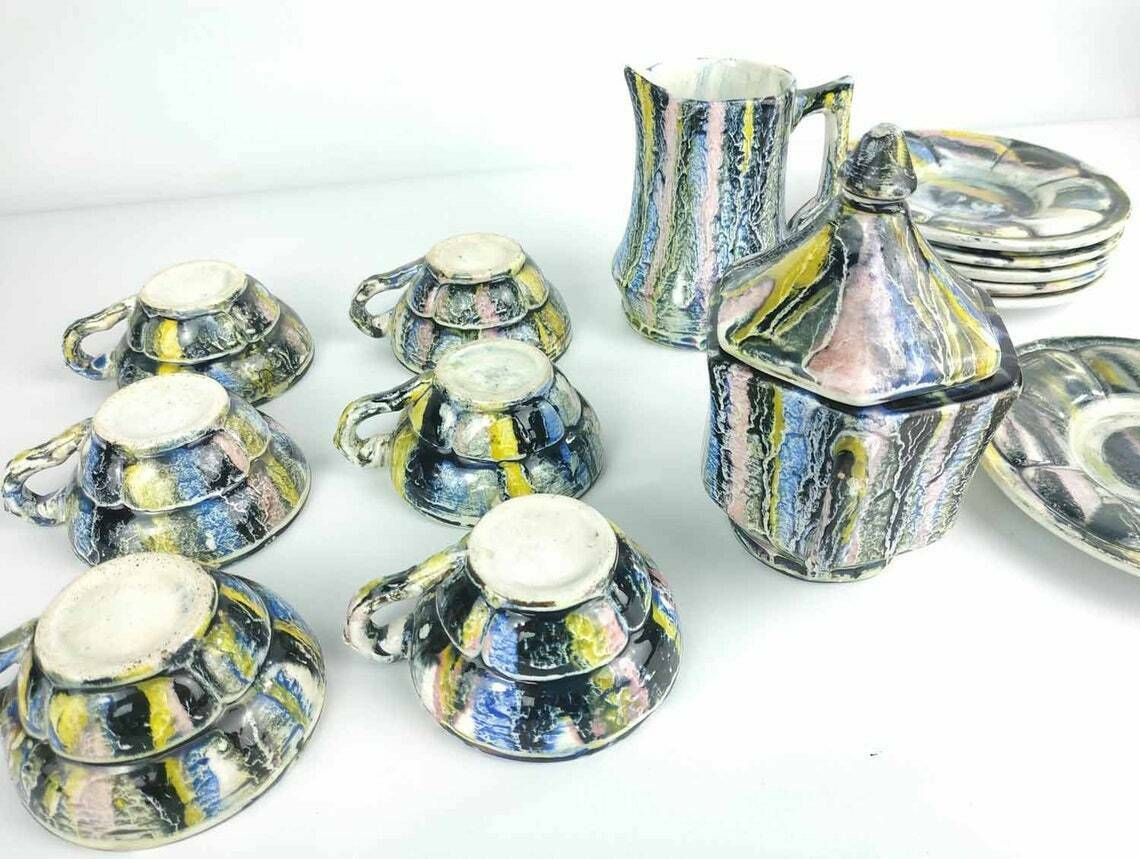 Vintage French Espresso Set, Vintage Majolica Coffee Service, Vintage Pottery Cups And Saucers Creamer And Sugar Bowl, Ceramic Cup Saucer photo vinterior