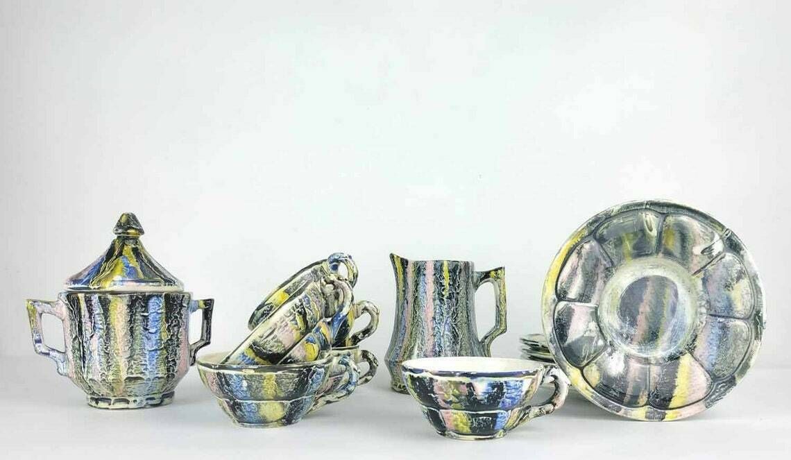 Vintage French Espresso Set, Vintage Majolica Coffee Service, Vintage Pottery Cups And Saucers Creamer And Sugar Bowl, Ceramic Cup Saucer photo buy