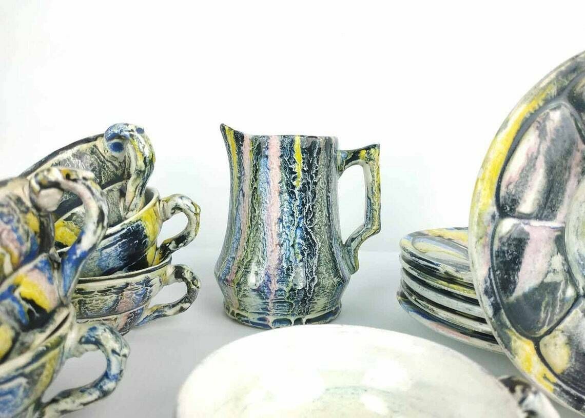 photo furniture Vintage French Espresso Set, Vintage Majolica Coffee Service, Vintage Pottery Cups And Saucers Creamer And Sugar Bowl, Ceramic Cup Saucer