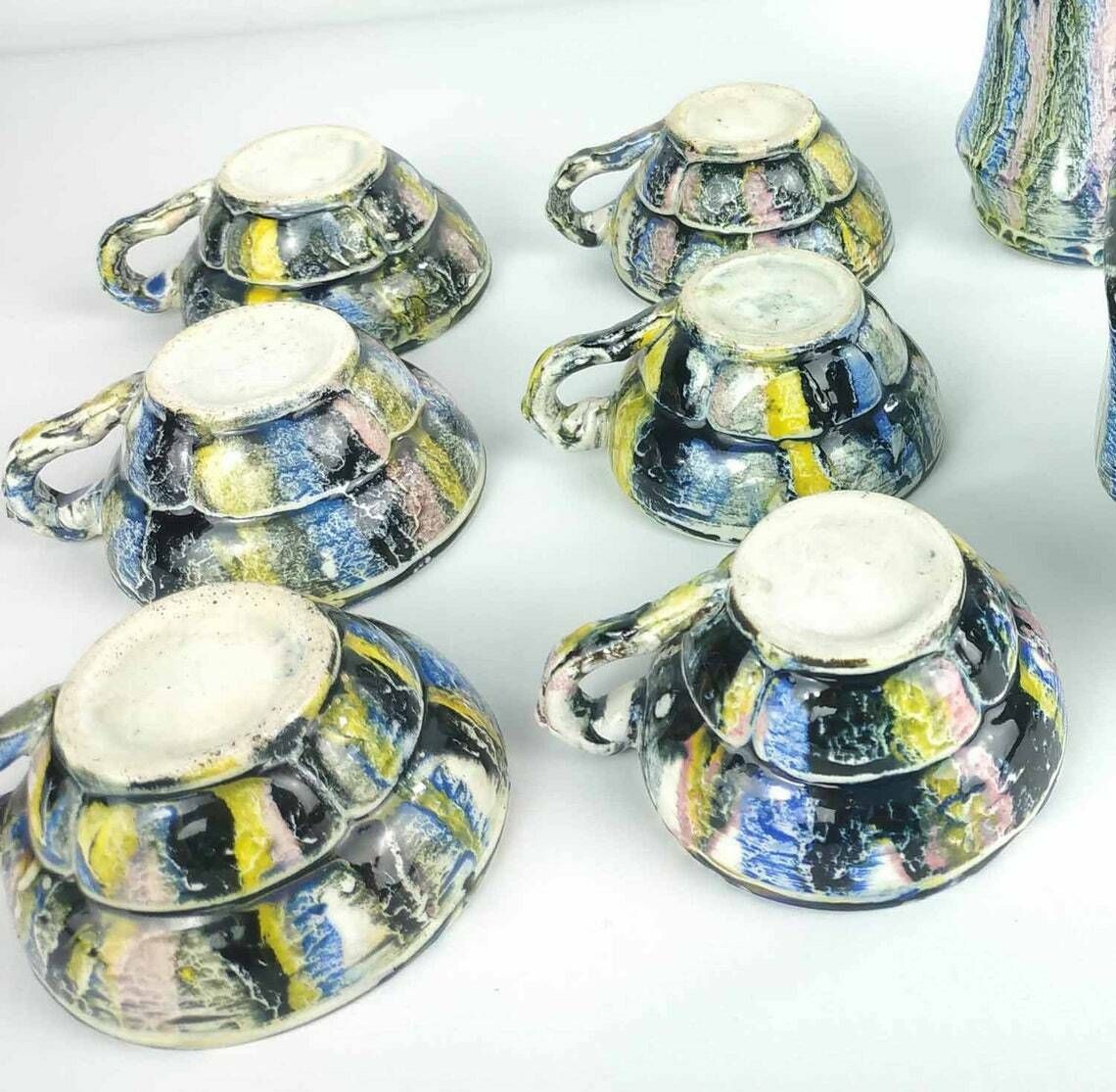 photo for sale Vintage French Espresso Set, Vintage Majolica Coffee Service, Vintage Pottery Cups And Saucers Creamer And Sugar Bowl, Ceramic Cup Saucer