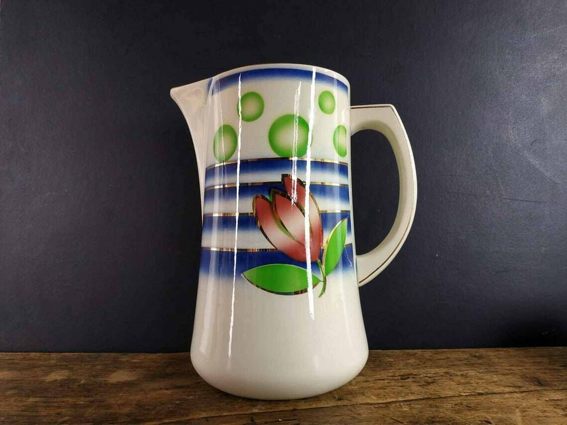 Large French Ironstone Jug, Sarreguemines Ironstone Pitcher, Digoin Ironstone Pottery,Vintage Stencilware Pitcher,Vintage Ceramic Water Jug