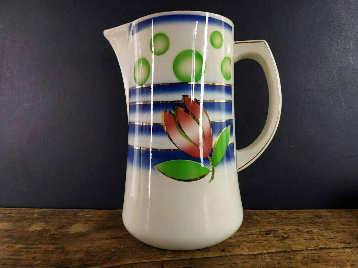 Large French Ironstone Jug, Sarreguemines Ironstone Pitcher, Digoin Ironstone Pottery,Vintage Stencilware Pitcher,Vintage Ceramic Water Jug photo Home Decor