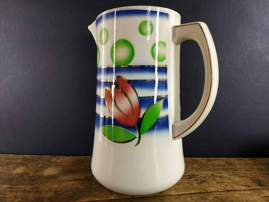 Large French Ironstone Jug, Sarreguemines Ironstone Pitcher, Digoin Ironstone Pottery,Vintage Stencilware Pitcher,Vintage Ceramic Water Jug photo vinterior