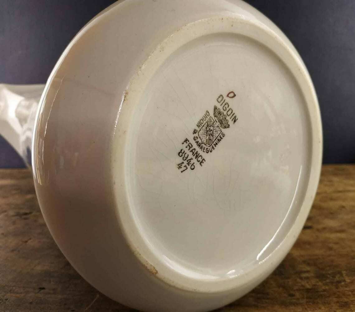 photo furniture Large French Ironstone Jug, Sarreguemines Ironstone Pitcher, Digoin Ironstone Pottery,Vintage Stencilware Pitcher,Vintage Ceramic Water Jug