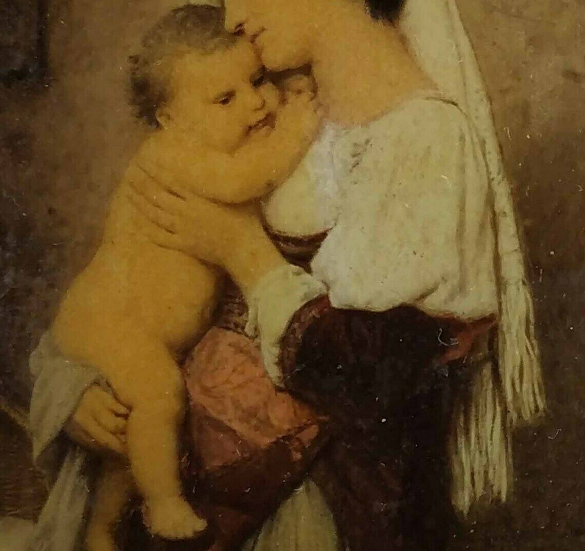 Antique French Painting, Reverse Painted Glass , Reverse Painting On Glass, Antique Wall Hanging, Woman And Child Painting, Framed Painting photo Art
