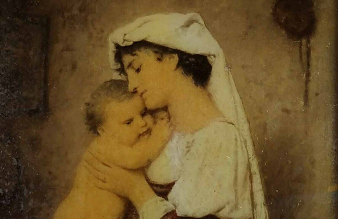 Antique French Painting, Reverse Painted Glass , Reverse Painting On Glass, Antique Wall Hanging, Woman And Child Painting, Framed Painting photo vinterior