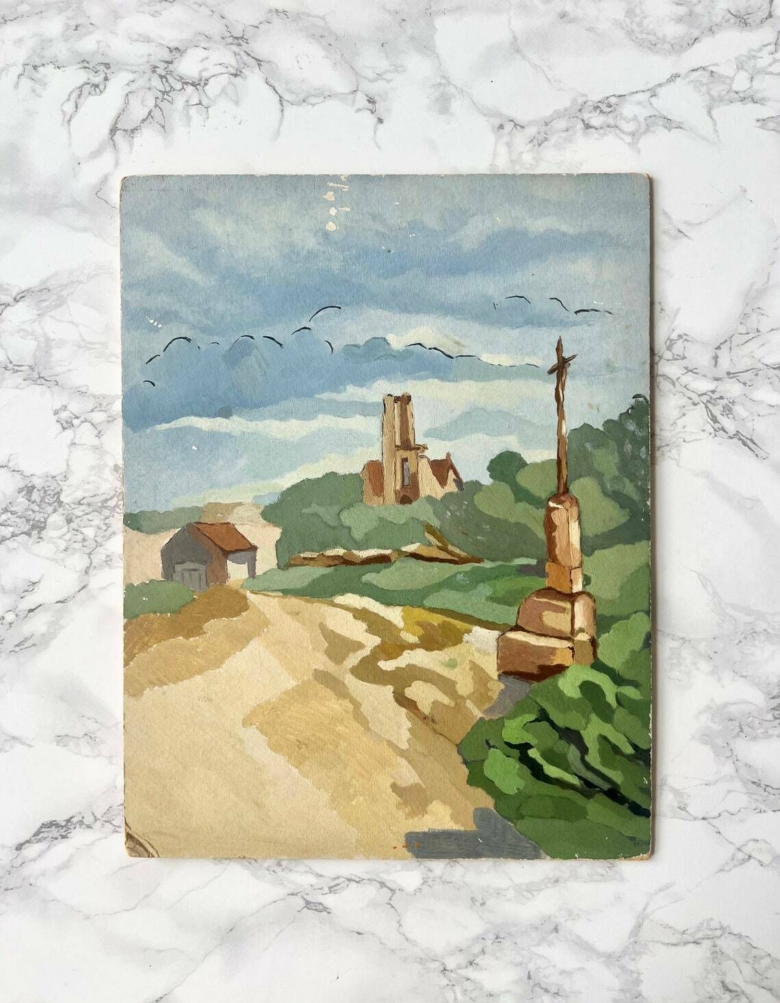 Antique French Art Deco Gouache Painting On Cardboard Representing A Typical Brittany Landscape With Church And Calvary