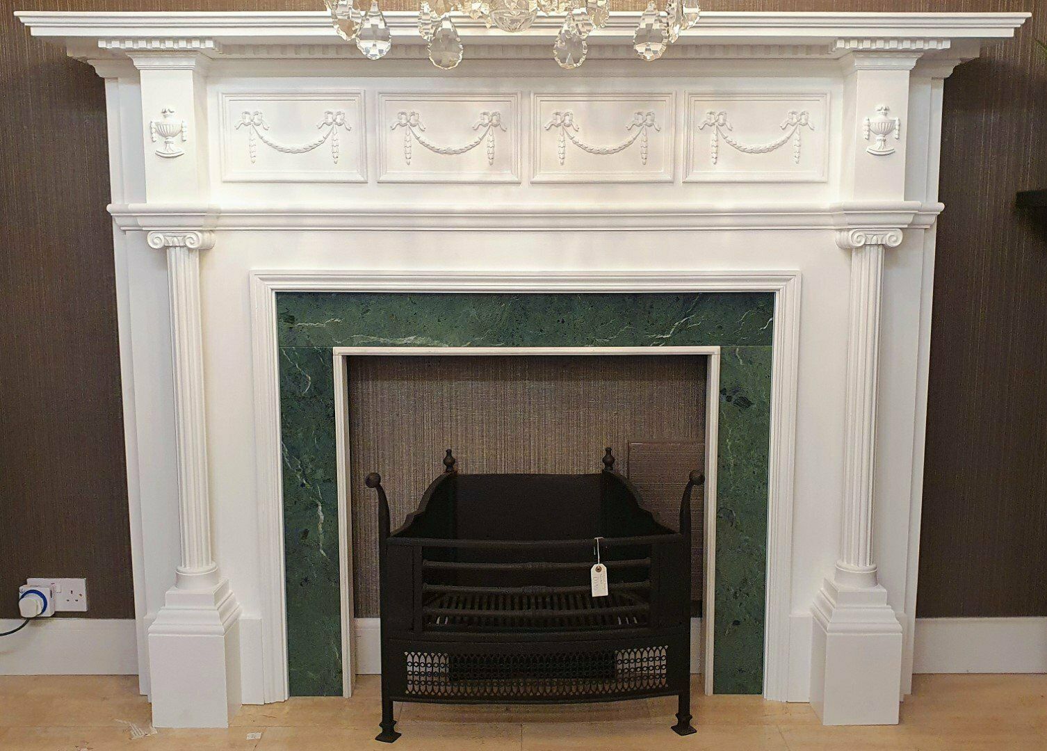 Substantial Victorian Style Wooden Fireplace Mantel With Green Marble Slips