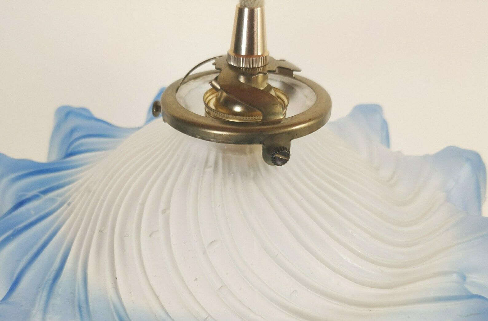 French Blue Glass Ceiling Light With Brass Hardware And Beige Fabric Cable + Porcelain Ceiling Rose, Ruffled Petticoat Pendant Light photo Lighting