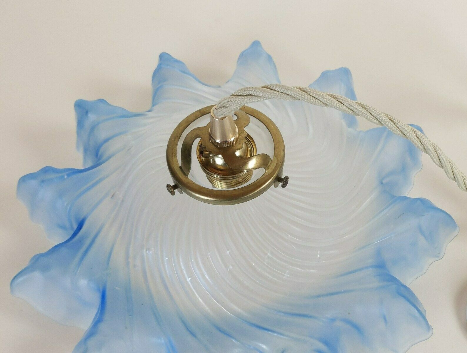 French Blue Glass Ceiling Light With Brass Hardware And Beige Fabric Cable + Porcelain Ceiling Rose, Ruffled Petticoat Pendant Light photo 122.0