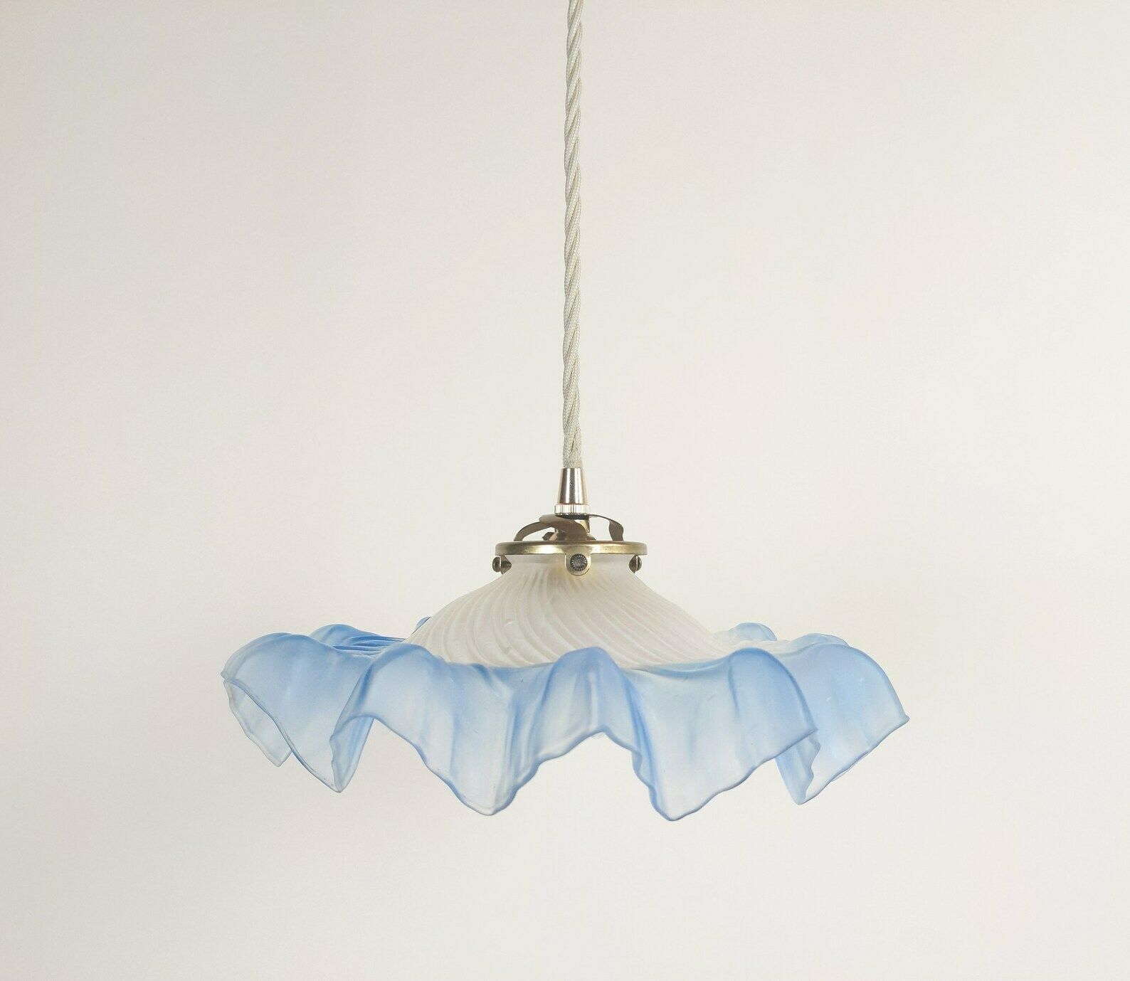 French Blue Glass Ceiling Light With Brass Hardware And Beige Fabric Cable + Porcelain Ceiling Rose, Ruffled Petticoat Pendant Light photo vinterior