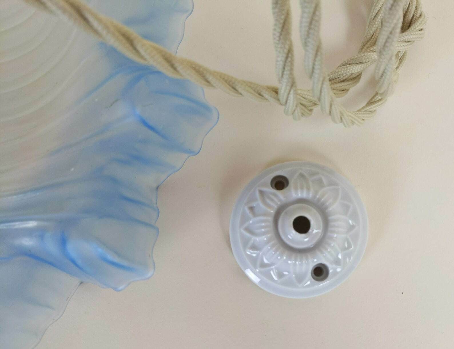 photo furniture French Blue Glass Ceiling Light With Brass Hardware And Beige Fabric Cable + Porcelain Ceiling Rose, Ruffled Petticoat Pendant Light
