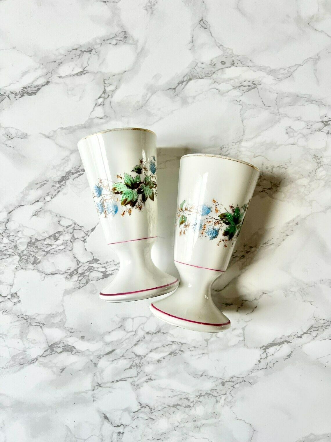 Antique French Mazagran Brûlot Pair In Thick White Porcelain With Hand Painted Flowers