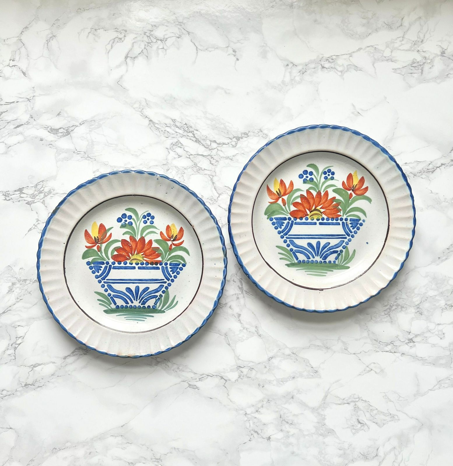 Pair Of Antique French Glazed Pottery Hand Decorated With Flower Basket Traditional French Wall Decor Collector Plate