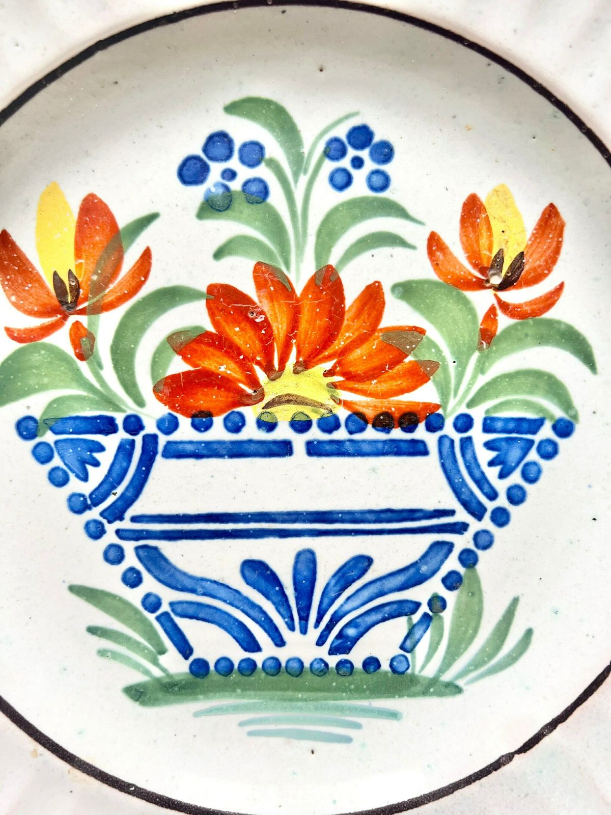 Pair Of Antique French Glazed Pottery Hand Decorated With Flower Basket Traditional French Wall Decor Collector Plate photo Home Decor