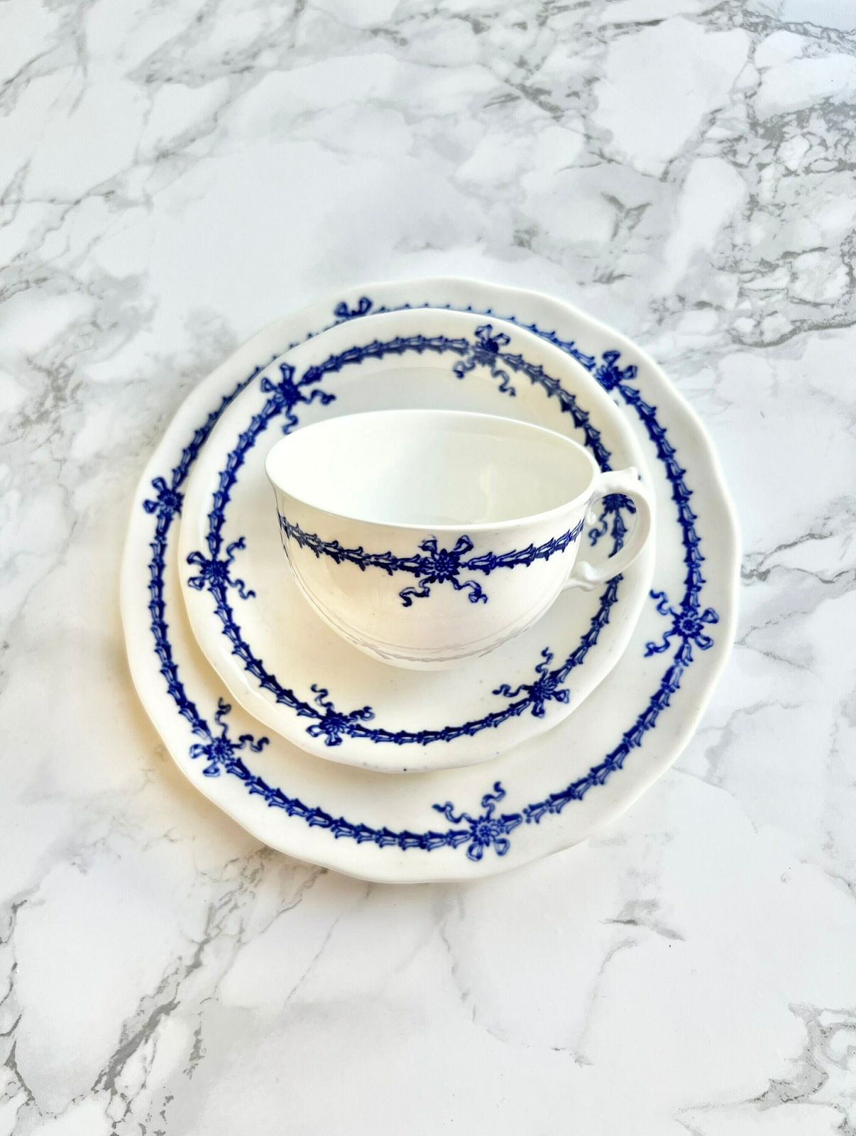 Royal Crown Derby   Early 1900 Blue And White Tea Set With Decor Of Garlands And Bows   18 Pieces photo furniture