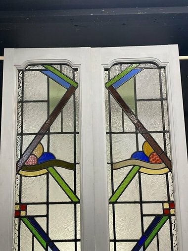 Art Deco Stained Glass French Doors Antique Period Reclaimed Old 20s 30s Leaded photo furniture