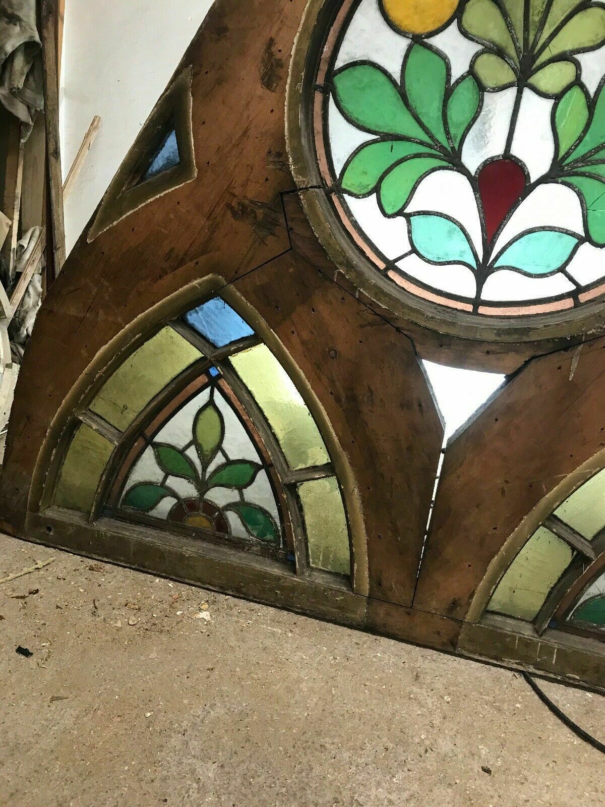 Antique Tudor Church Stained Glass Window Old Arch Period Rare 17th Century Wood photo furniture