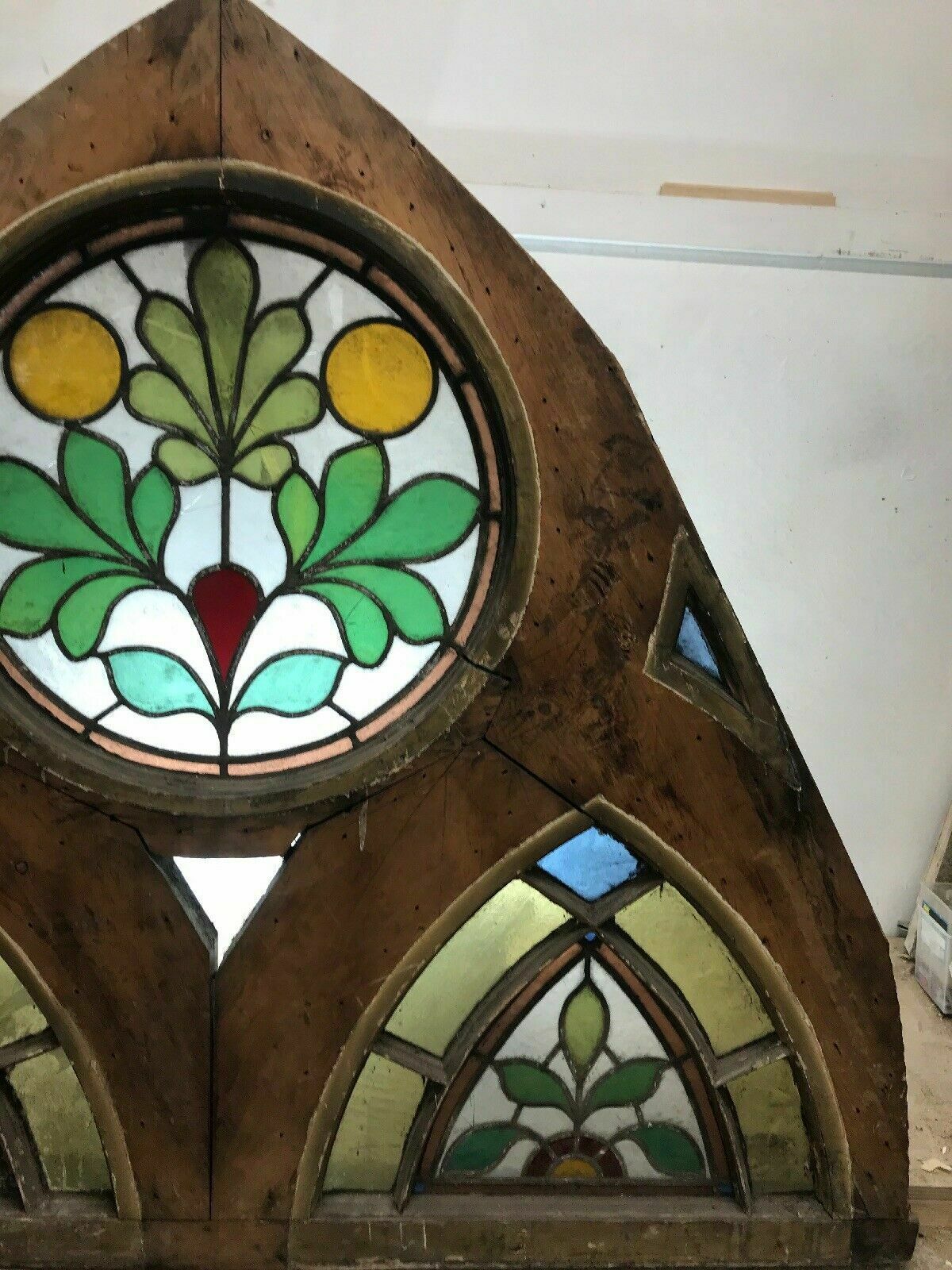 Antique Tudor Church Stained Glass Window Old Arch Period Rare 17th Century Wood photo Home Fixtures