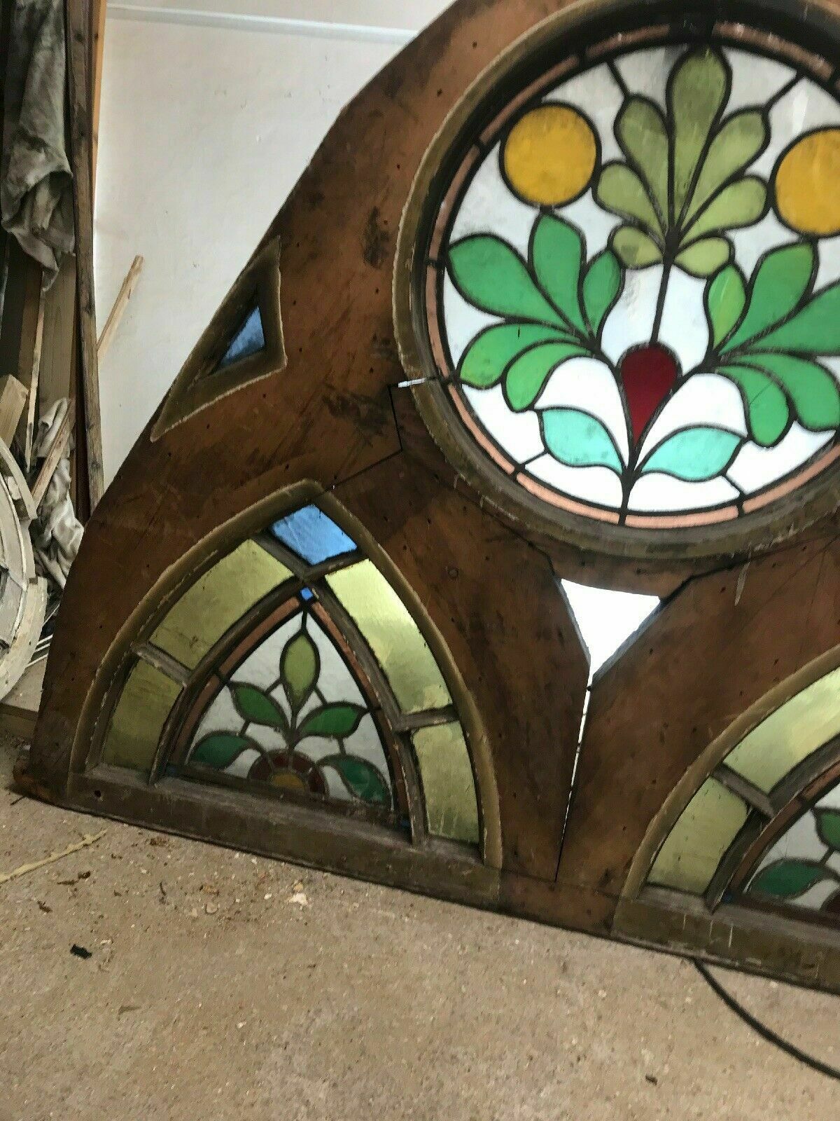 Antique Tudor Church Stained Glass Window Old Arch Period Rare 17th Century Wood photo vinterior
