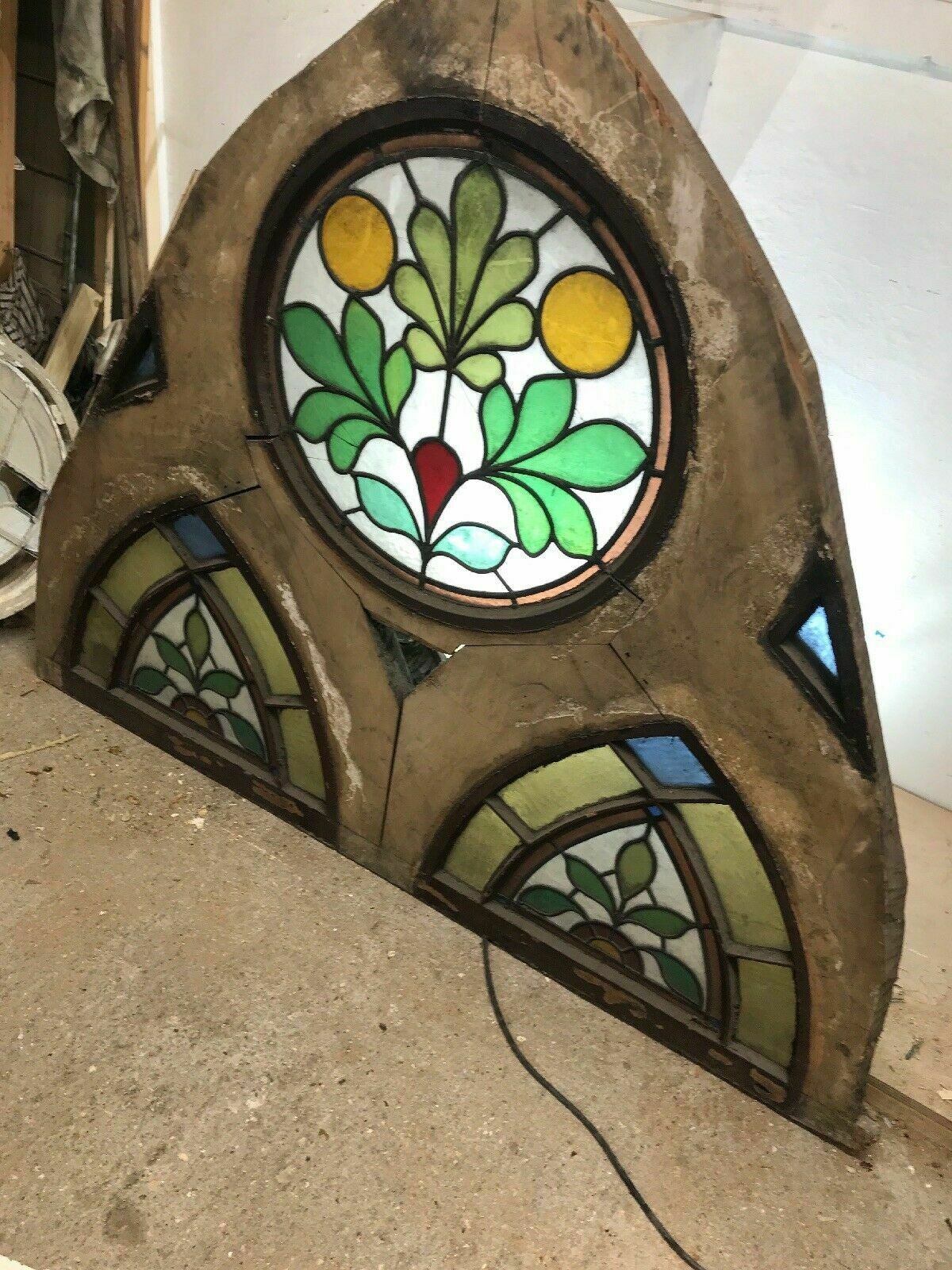 Home Fixtures Antique Tudor Church Stained Glass Window Old Arch Period Rare 17th Century Wood photo