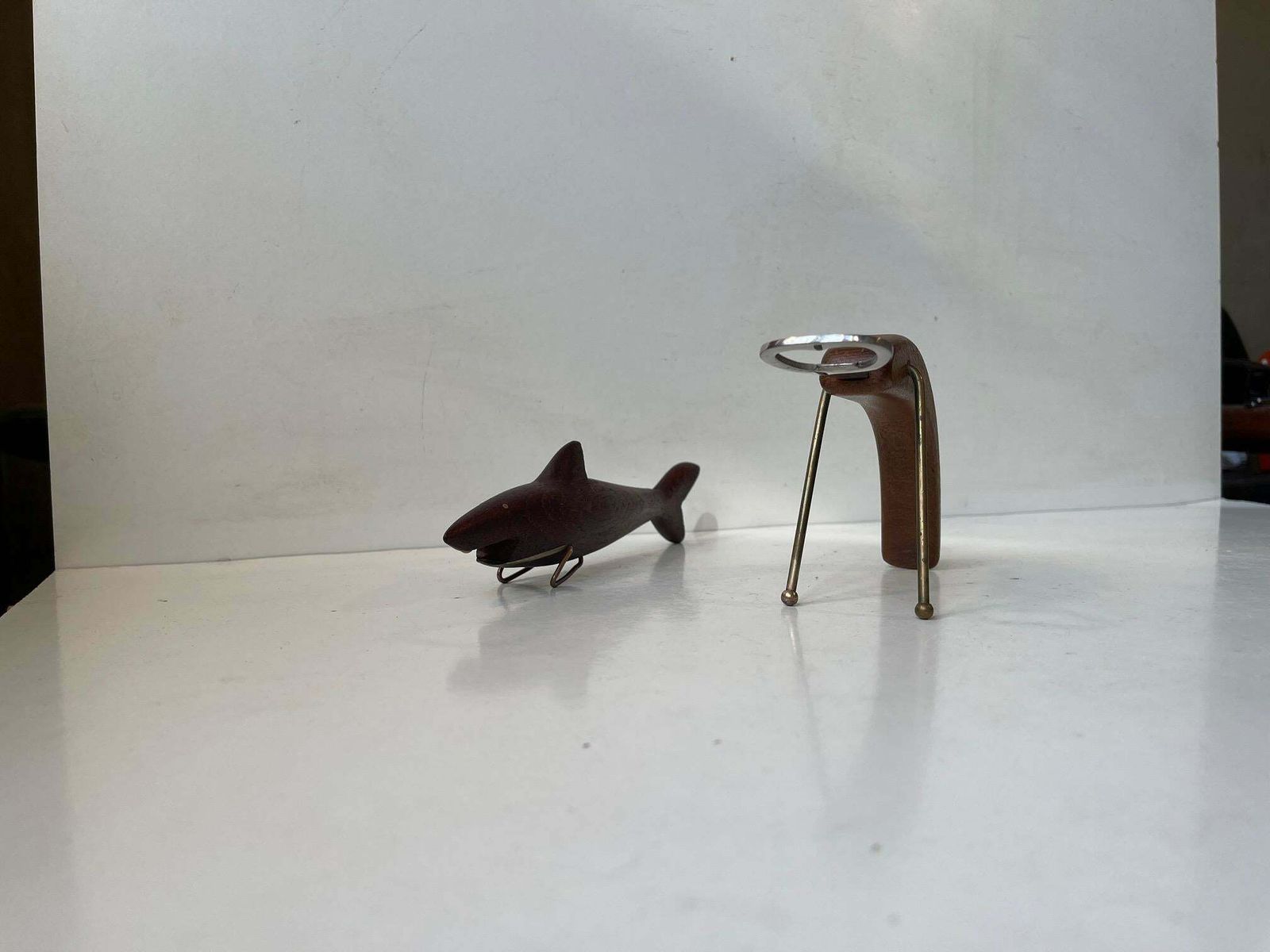 Danish Midcentury Shark & Lobster Figural Bottle Openers In Teak & Brass photo 302.0