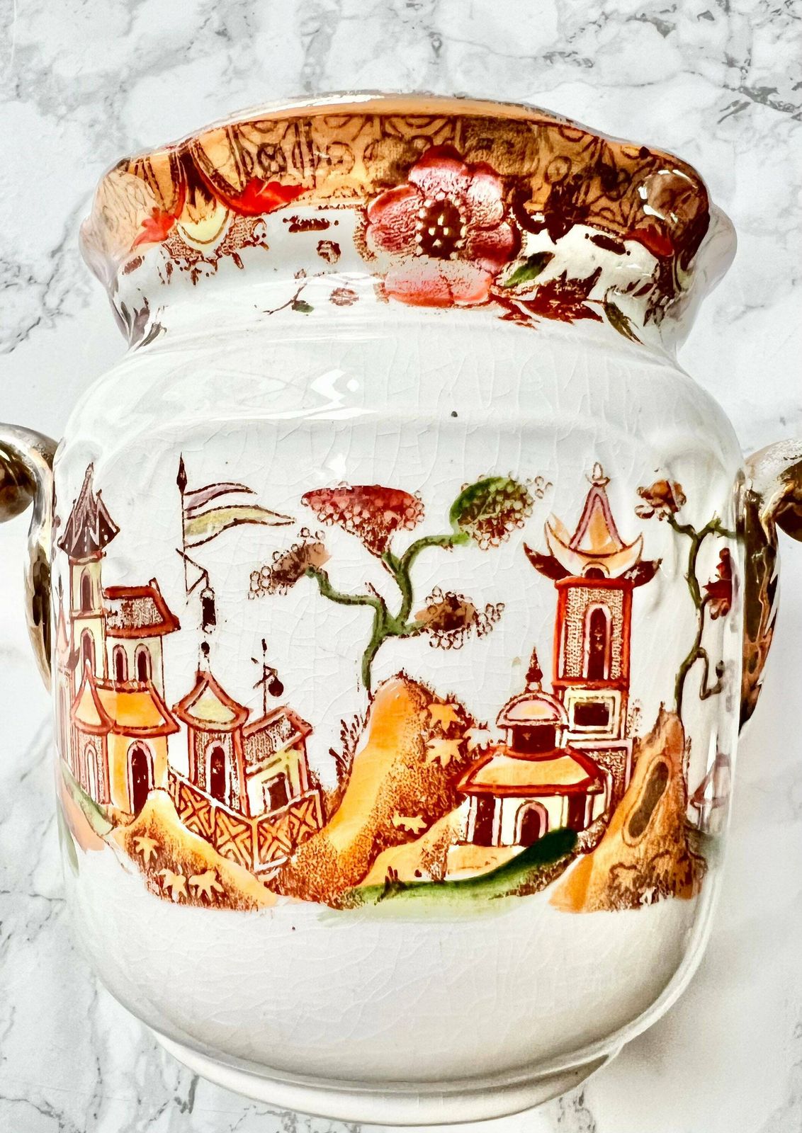 Very Rare Digoin Sarreguemines   Large Antique French Sugar Bowl In White And Gold Transfer Ware Pottery photo for sale