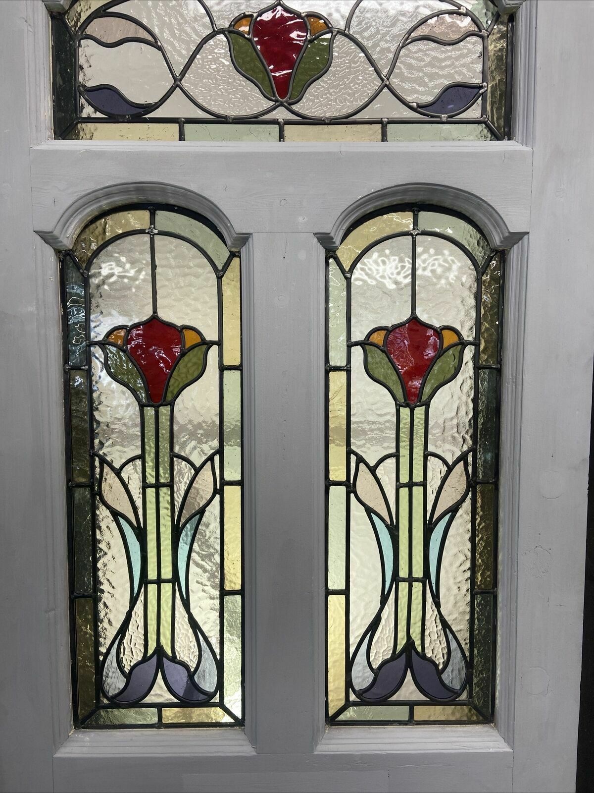 Edwardian Front Door Period Stained Glass Old Reclaimed Antique Lead Wood Pine photo vinterior