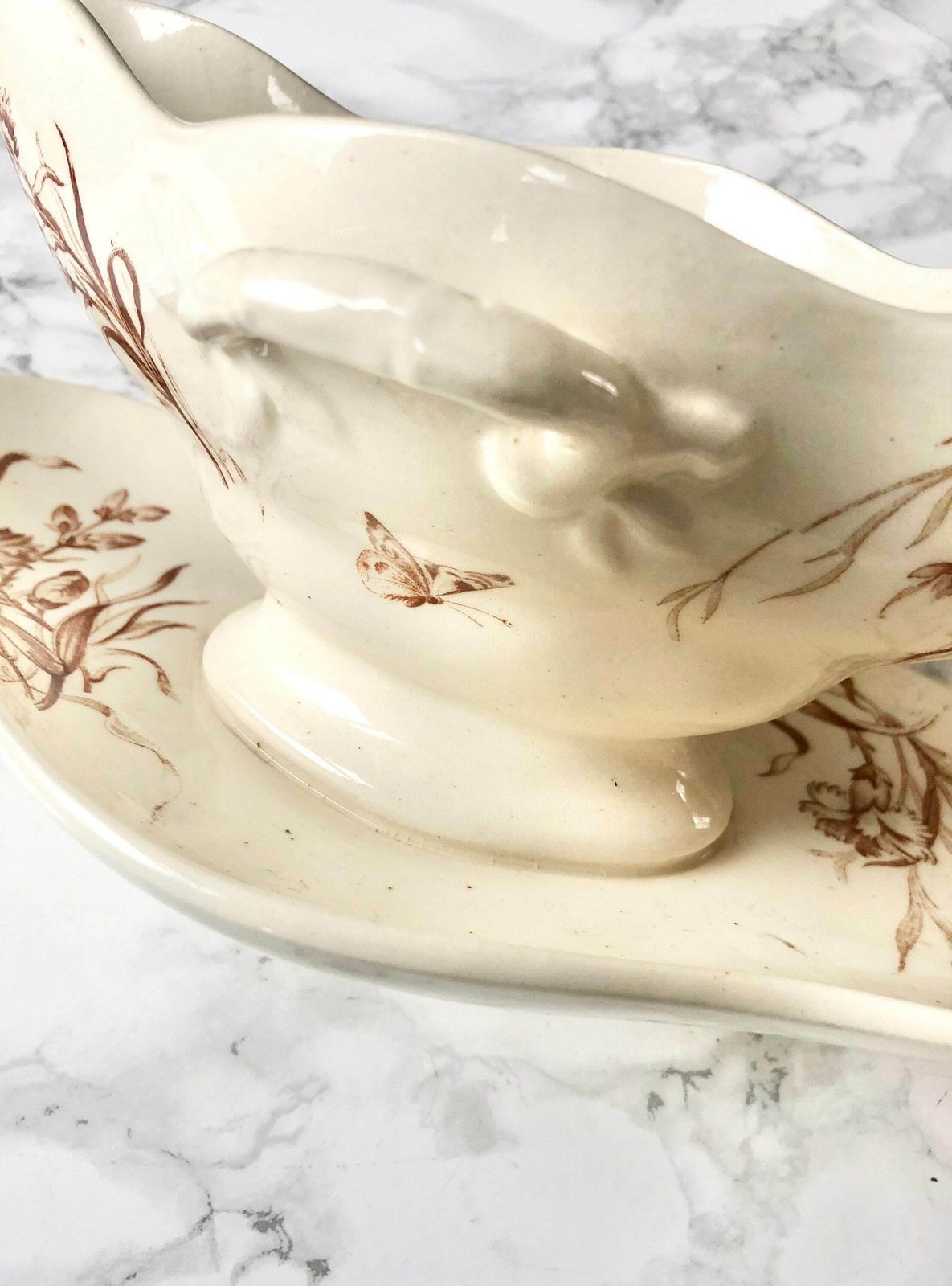 Manufacture Française De Gien   Large Gravy Boat With Transfer Decor In Sepia With Eyelets   Eyelet Pattern photo for sale