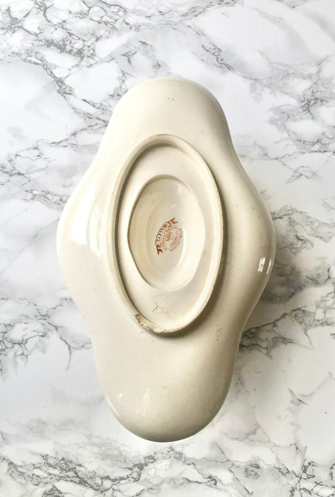 Manufacture Française De Gien   Large Gravy Boat With Transfer Decor In Sepia With Eyelets   Eyelet Pattern photo vintage