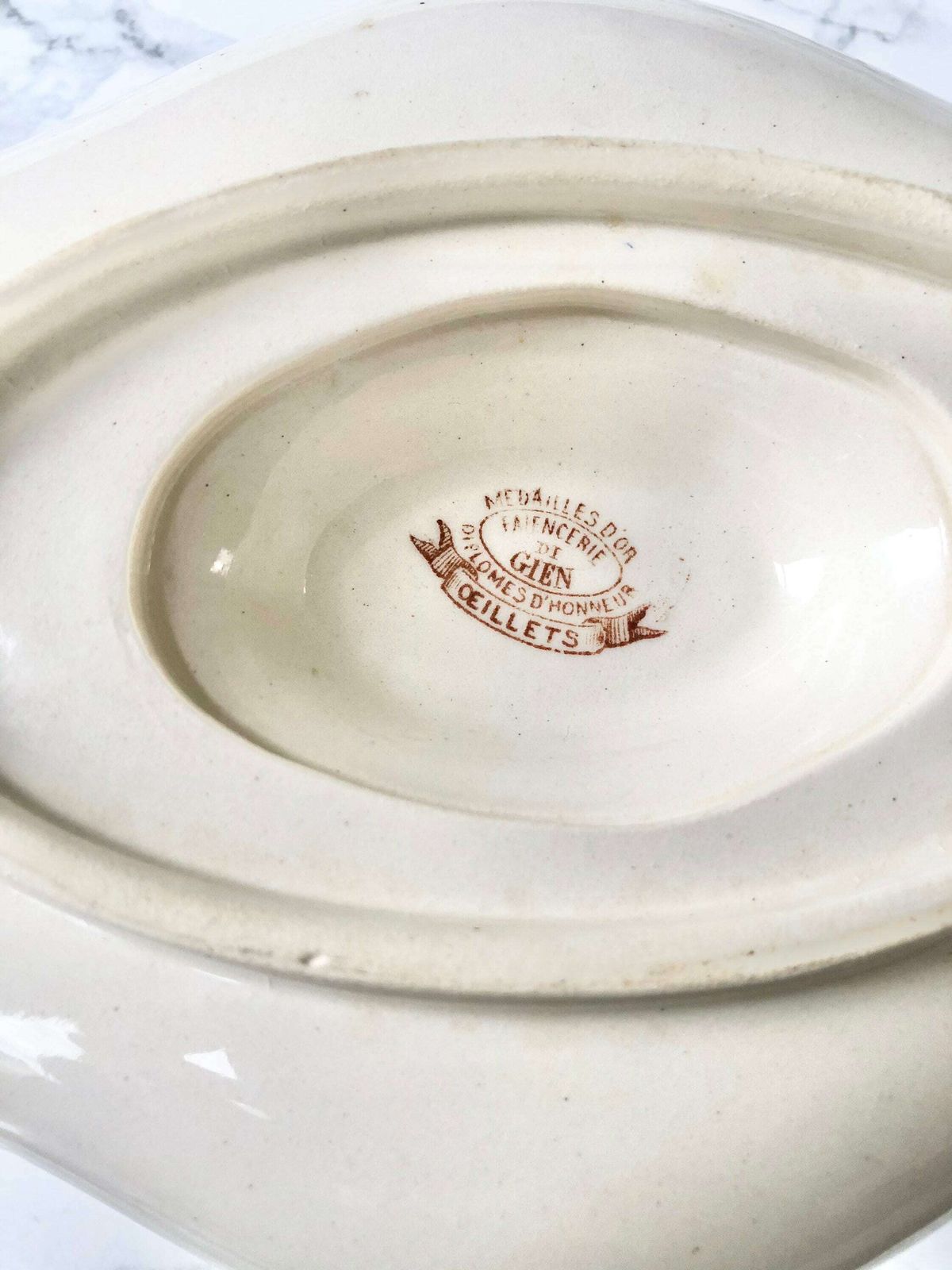 photo furniture Manufacture Française De Gien   Large Gravy Boat With Transfer Decor In Sepia With Eyelets   Eyelet Pattern