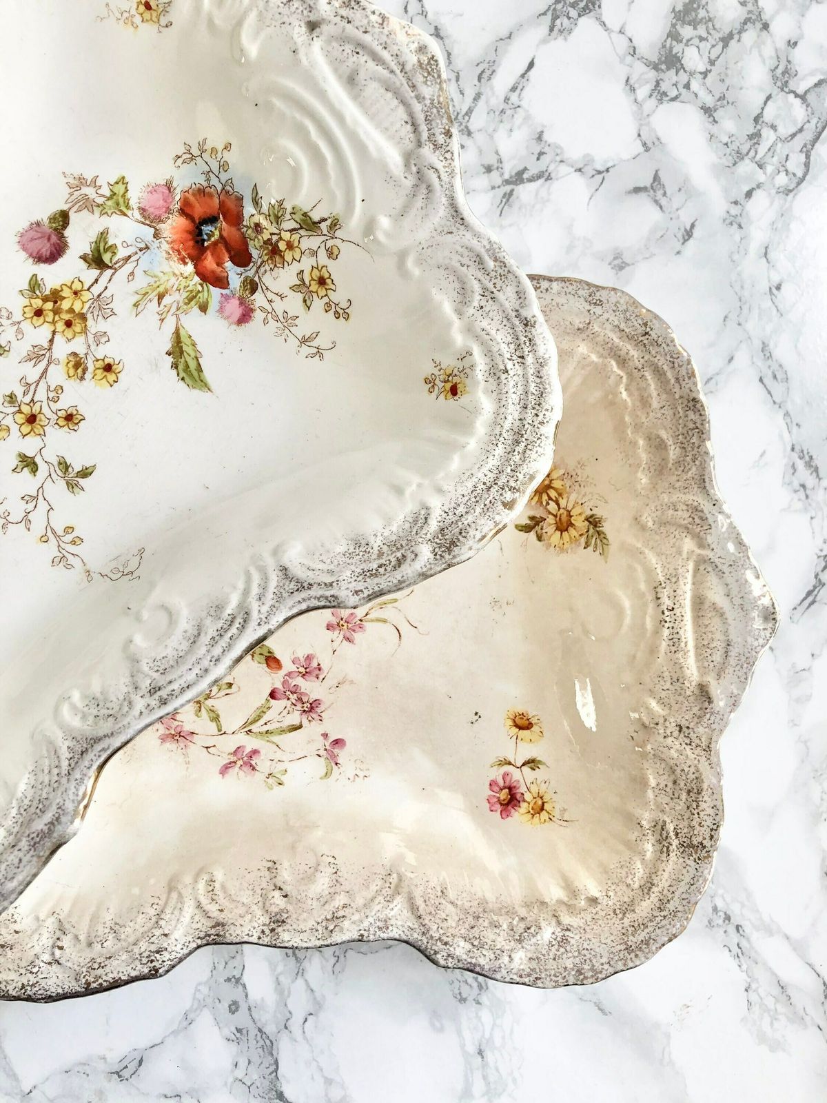 Imperial Bonn   Pair Of Antique 1800 Rectangular Molded Porcelain Bowls, Gilded And Hand Painted With Flowers