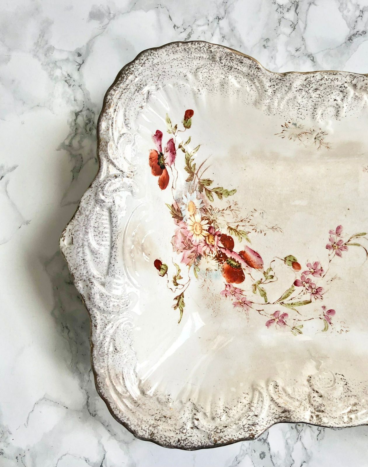 Imperial Bonn   Pair Of Antique 1800 Rectangular Molded Porcelain Bowls, Gilded And Hand Painted With Flowers photo Home Decor