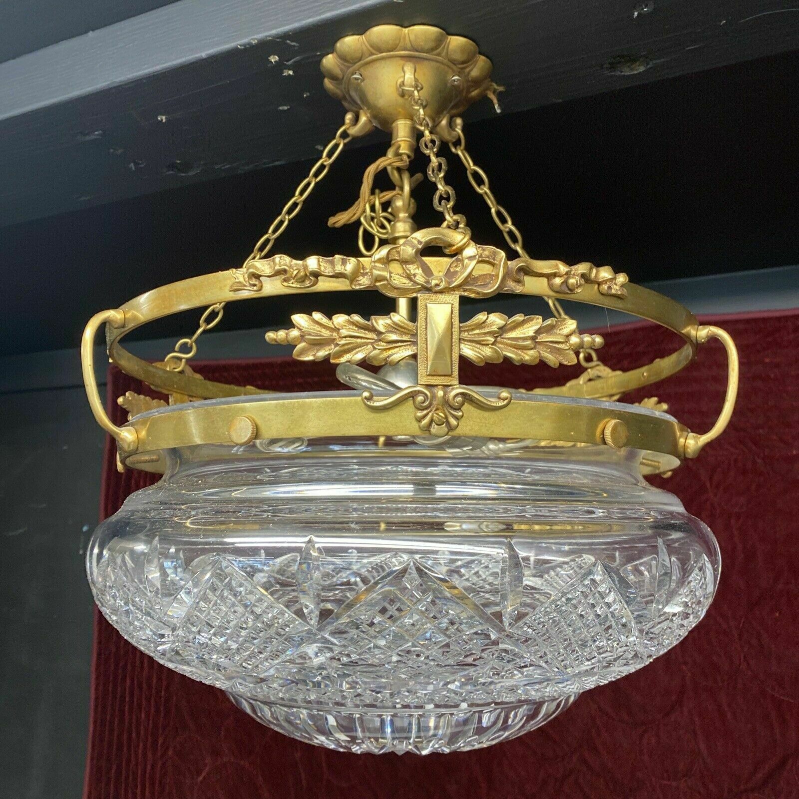 photo furniture Antique Gilt Brass Cut Lead Crystal Ceiling Bowl Louis XV 19th Century Light