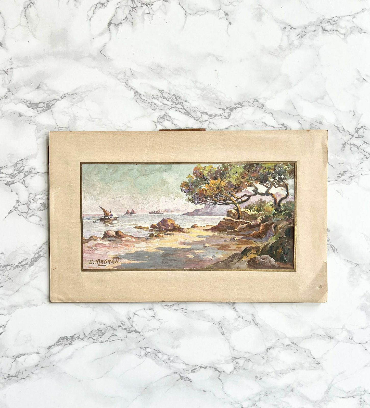 Old Orientalist Painting Gouache On Seaside Marine Cardboard   Signed Lower Left   Original French Painting