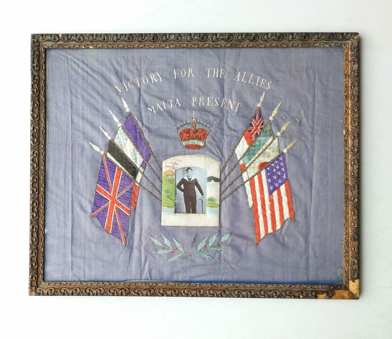 Antique Framed World War 1 Embroidered Panel With Allied Flags And Photograph Of Navy Sailor In Japanese Silk Frame photo Art