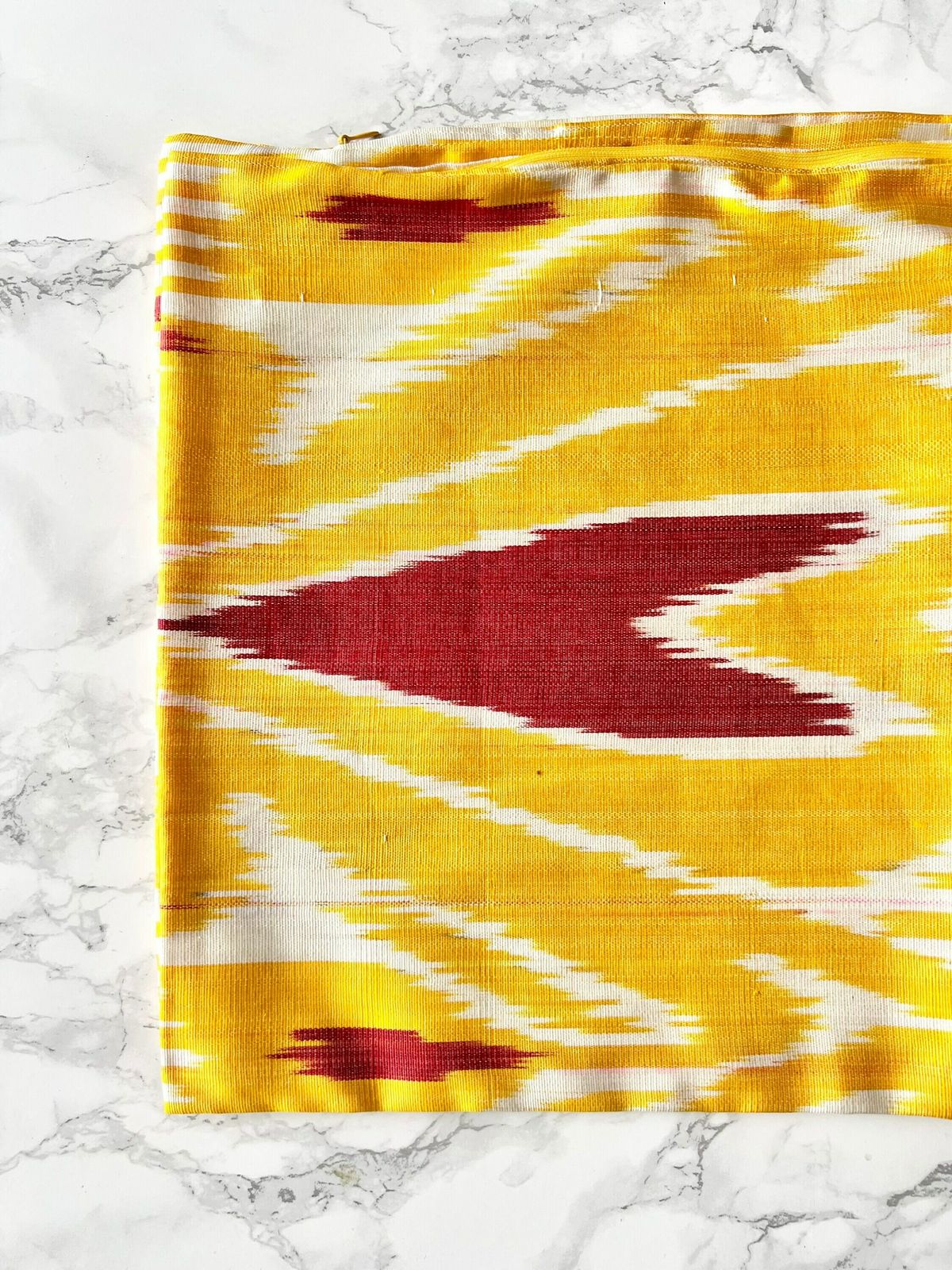 3 Handcrafted Ikat Pattern Silk Cushion Covers   Red, Yellow And White photo 68.0