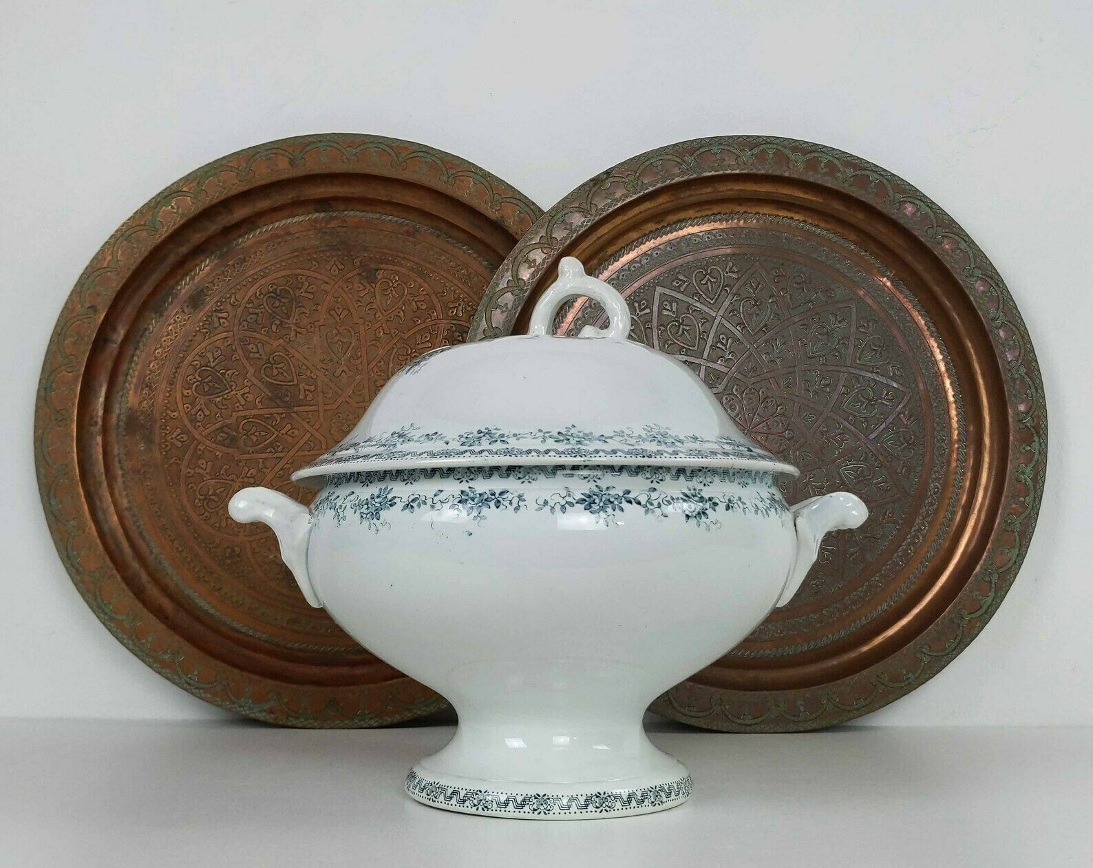 Antique French St Amand White And Blue Ironstone Pedestal Tureen, Rustic French Kitchen Pottery Serving Dish, Ceramic Table Centerpiece