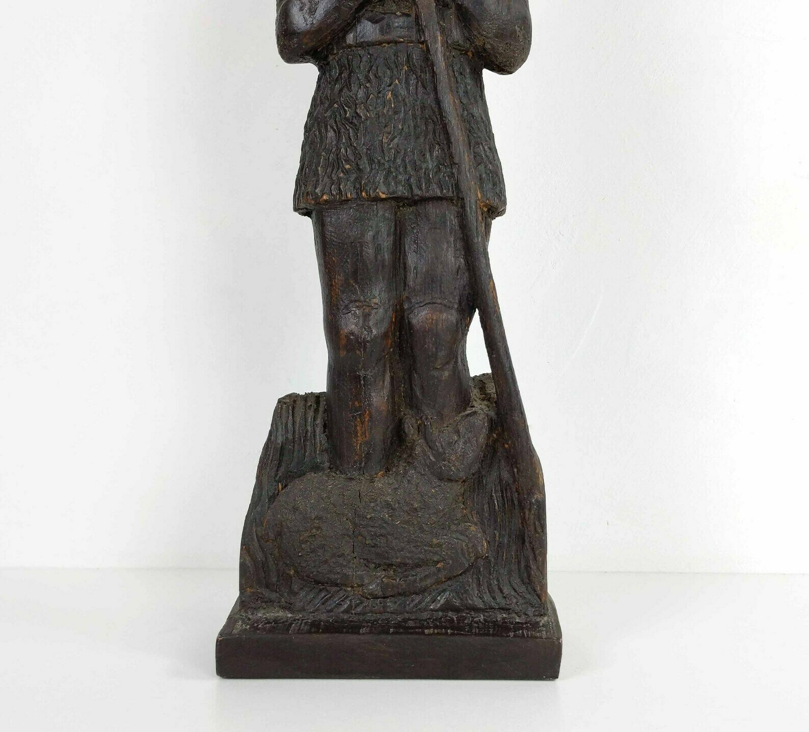 Large 1960s French Wood Sculpture Of A Shepherd And Sheep, Mid Century Handmade Wooden Statue photo for sale