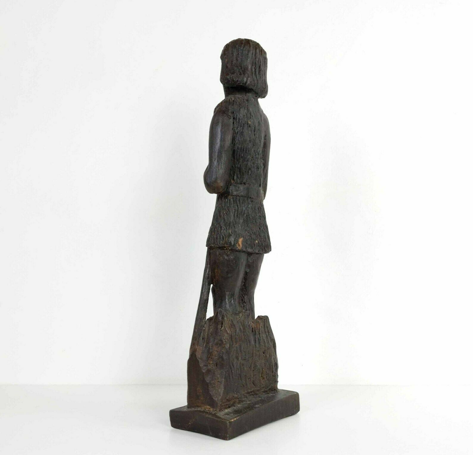 photo for sale Large 1960s French Wood Sculpture Of A Shepherd And Sheep, Mid Century Handmade Wooden Statue