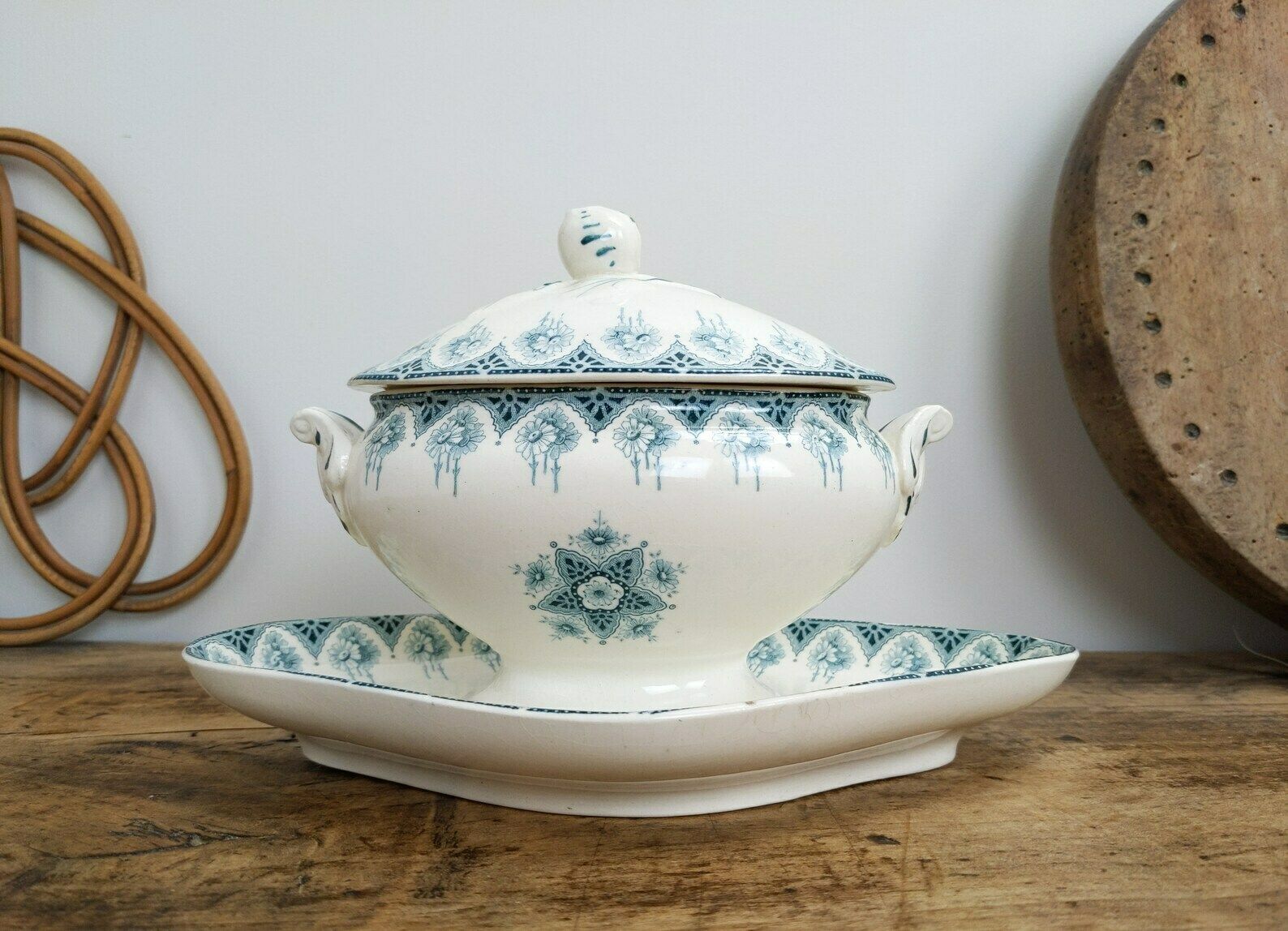 Antique French Boulogne Ironstone Pottery Sauce Or Gravy Boat With Rococo Handles And Flower And Foliage Decoration photo vinterior