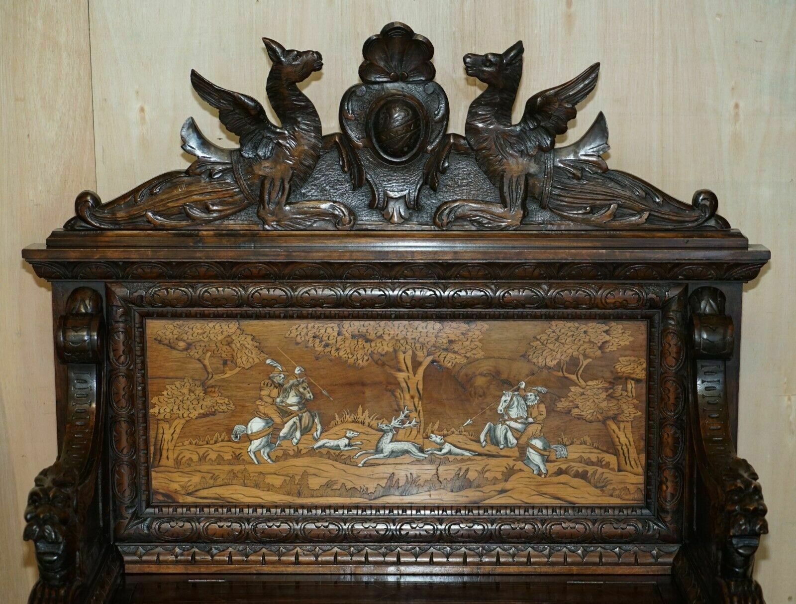 Antique Lion Griffon Carved Italian 1860 Monks Settle Bench Internal Storage photo for sale
