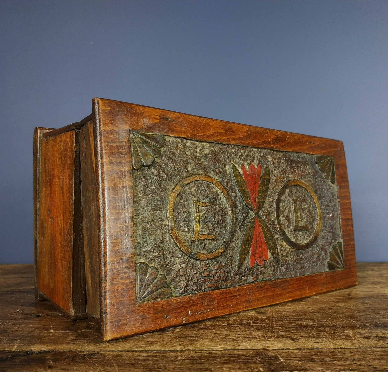 photo for sale Antique French Hand Carved Folk Art Mahogany Wood Tobacco Leaf Box, Antique Wooden Container, Antique Cigar Box, Antique Cigarette Box