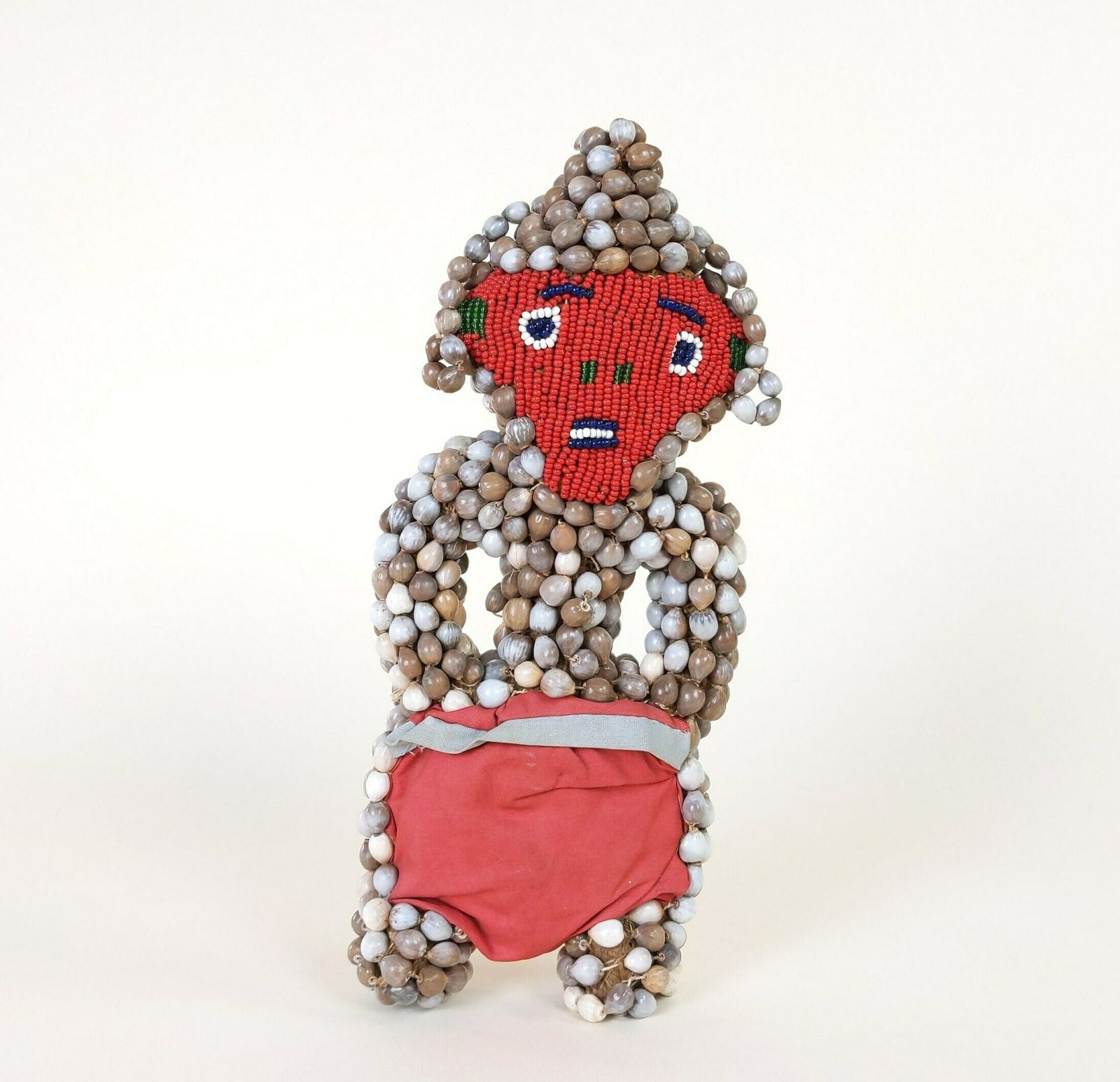 Primitive African Tribal Art Doll With Red Bead Face And Seed Grain Covered Burlap Body photo vintage