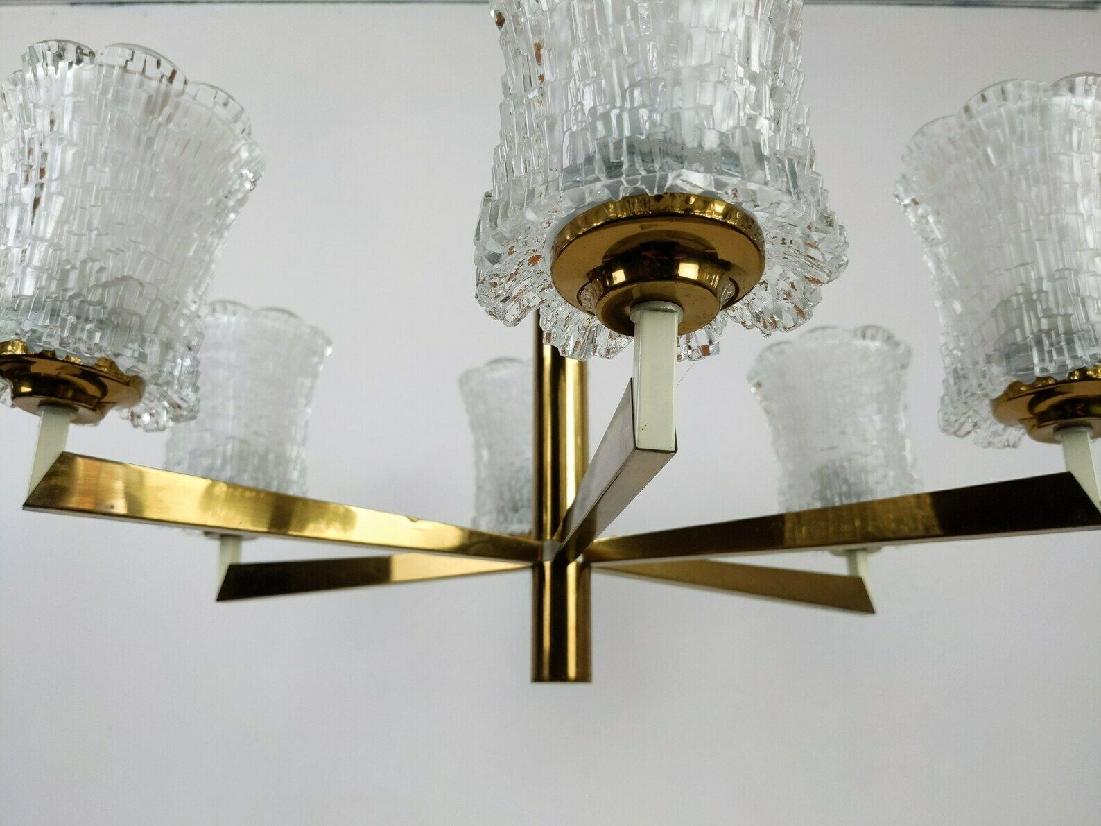 Vintage Mcm 1960s 6 Arm Brassed And Pressed Frosted Crystal Glass Chandelier Light photo 498.0