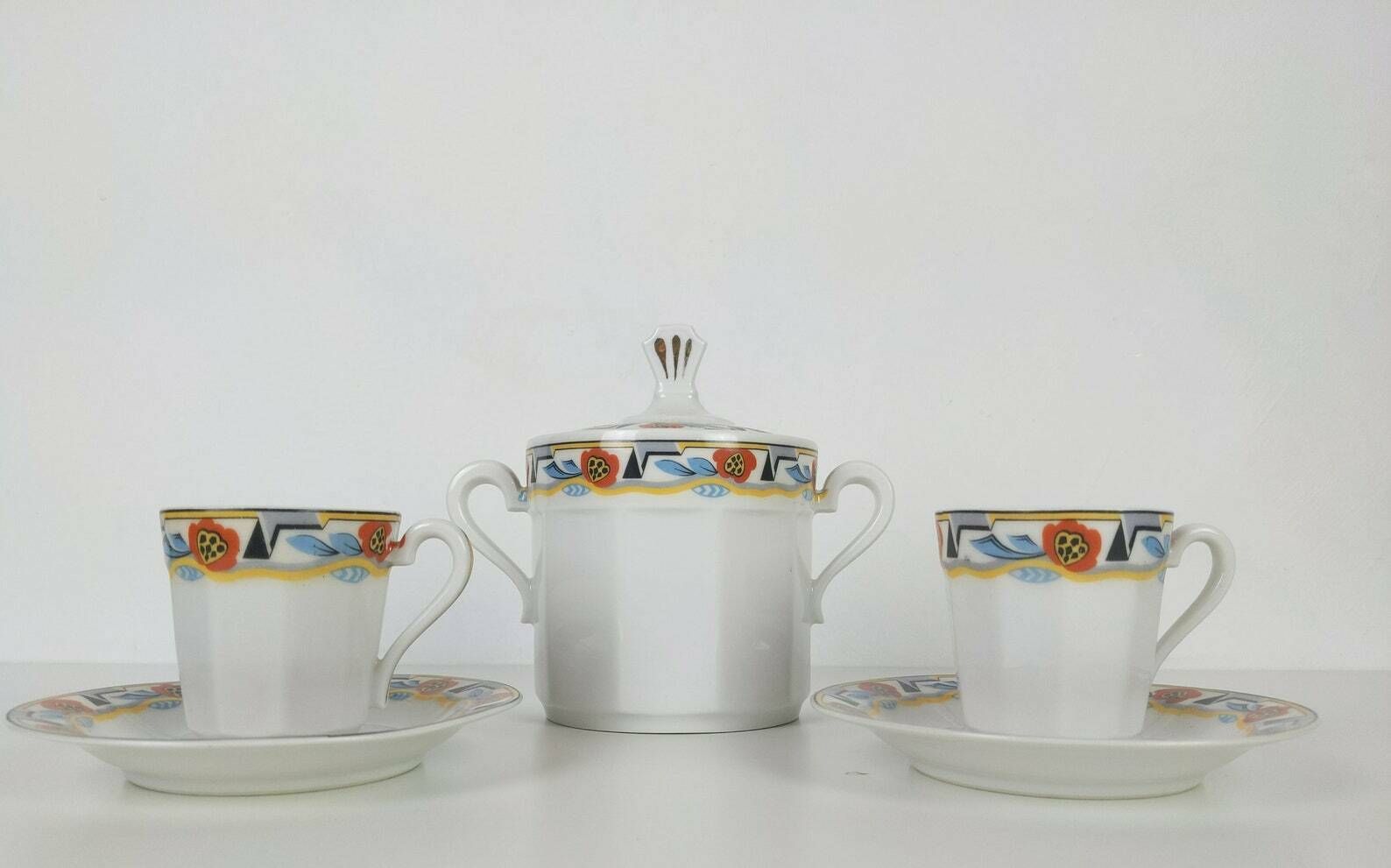 Vintage French Art Deco Limoges Porcelain Espresso Coffee Cups And Saucers With Matching Sugar Bowl With Geometric Flower Design photo vintage
